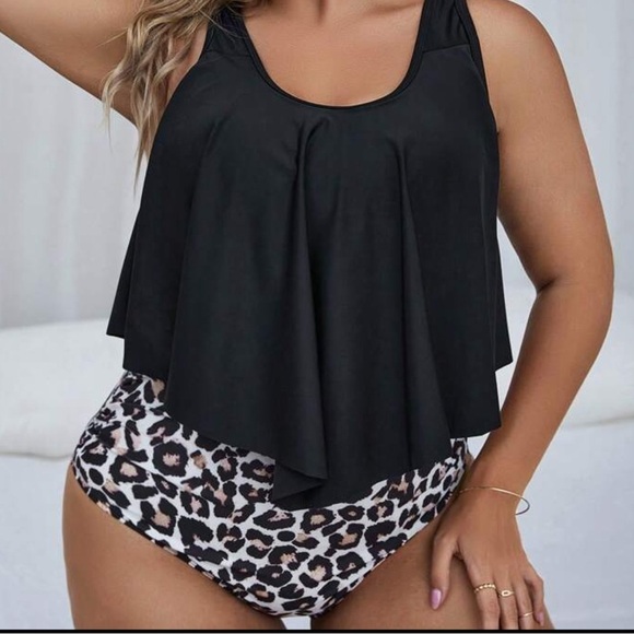 Other - SHEIN Plus Size Black TANKINI with Leopard Print bottoms. NEW! NEVER WOR…